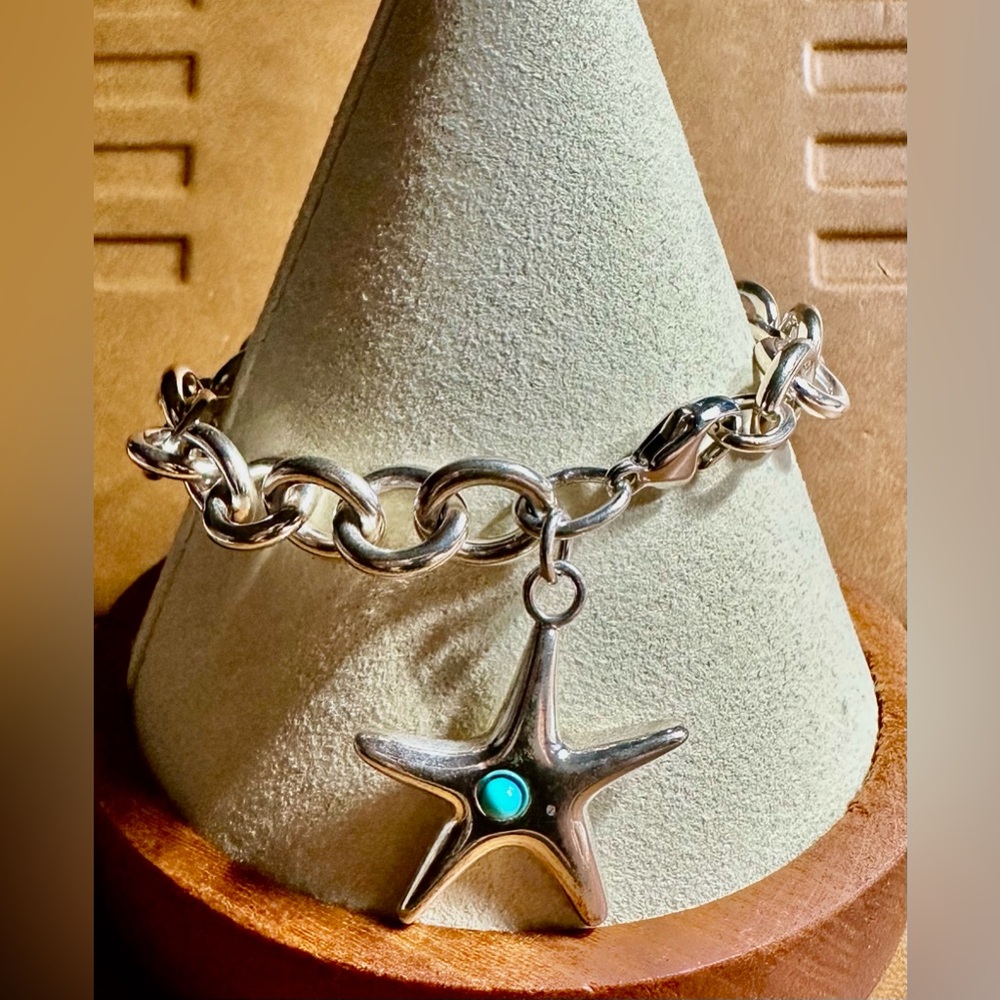 Tiffany & Co 925 Silver Bracelet w/Starfish Charm w/Turquoise 7” Lot#746